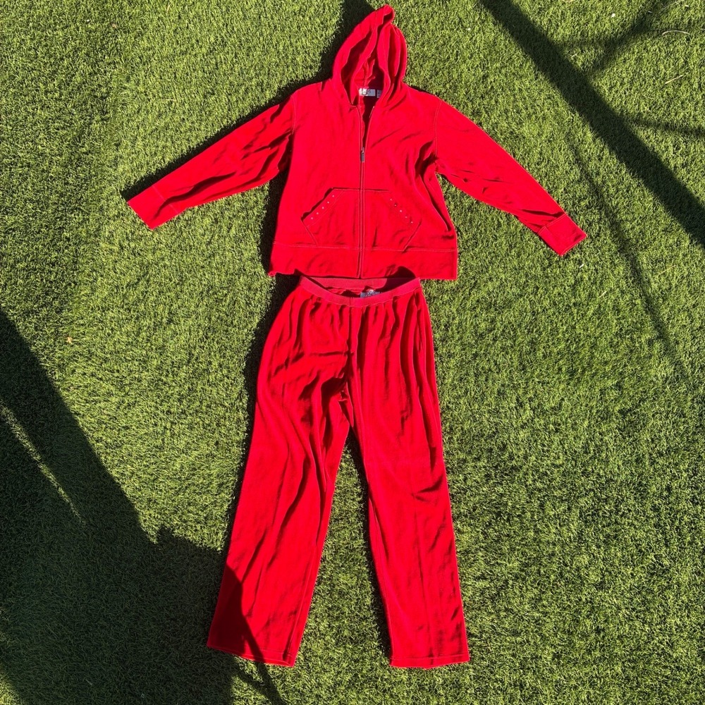 Vintage Cervelle Size Large 2pc Red Velour Tracksuit Hoodie and Pants Y2K 90s